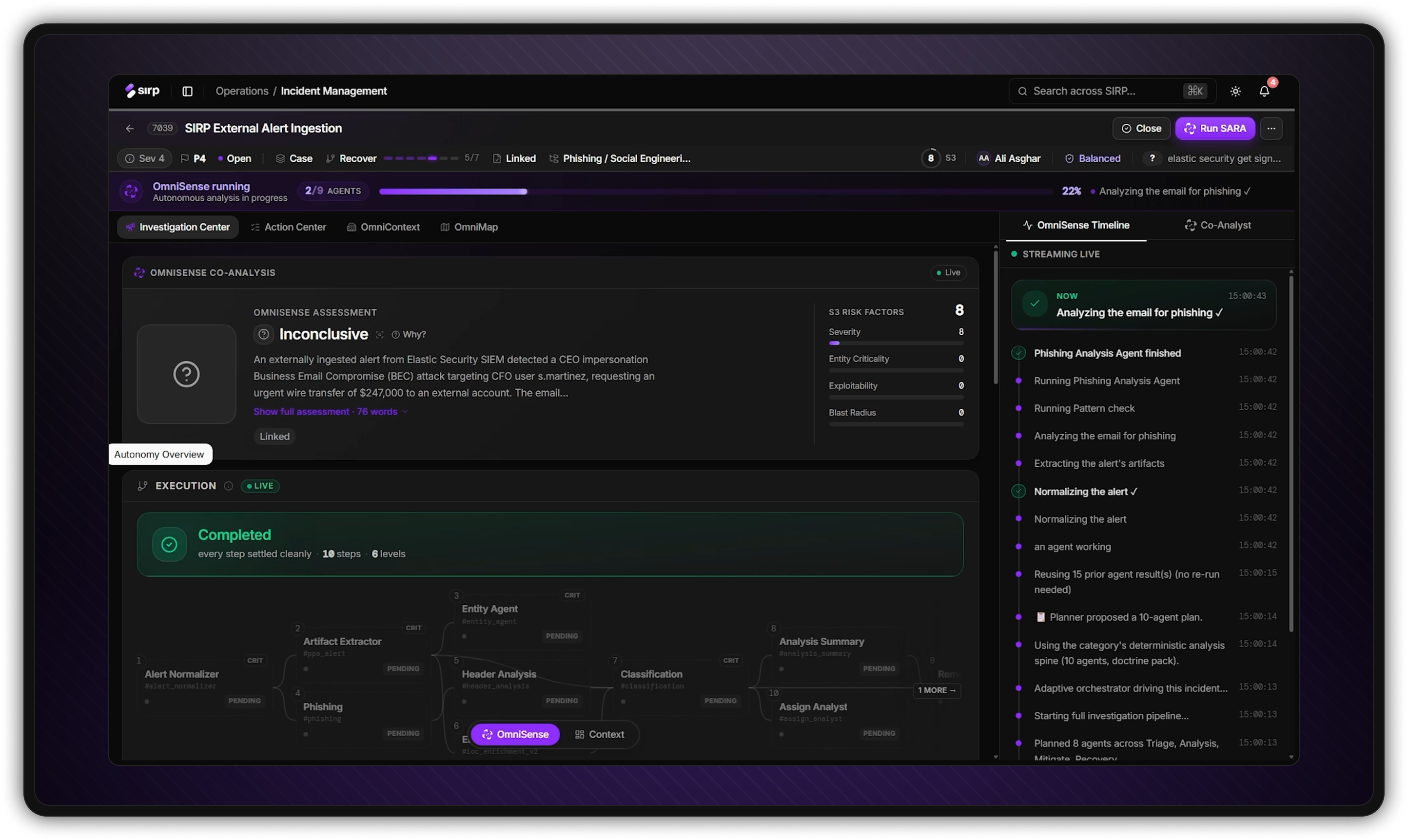 OmniSense co-analysis showing an incident assessment, execution plan, and live investigation timeline
