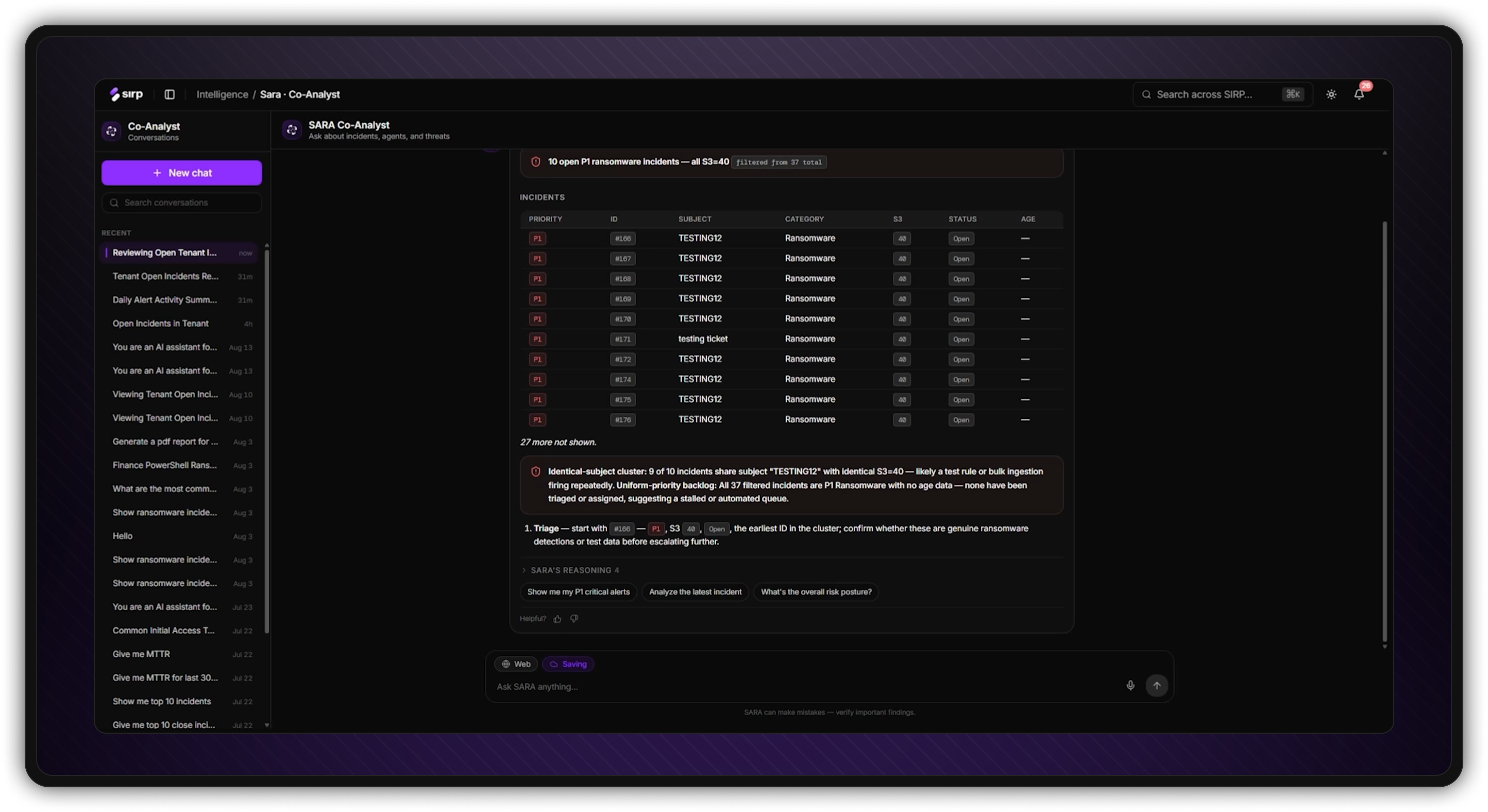 Sara Co-Analyst investigating a group of open ransomware incidents in OmniSense